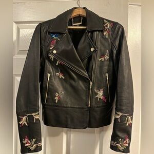 Ted Baker Black Leather Jacket with Embroidered Details